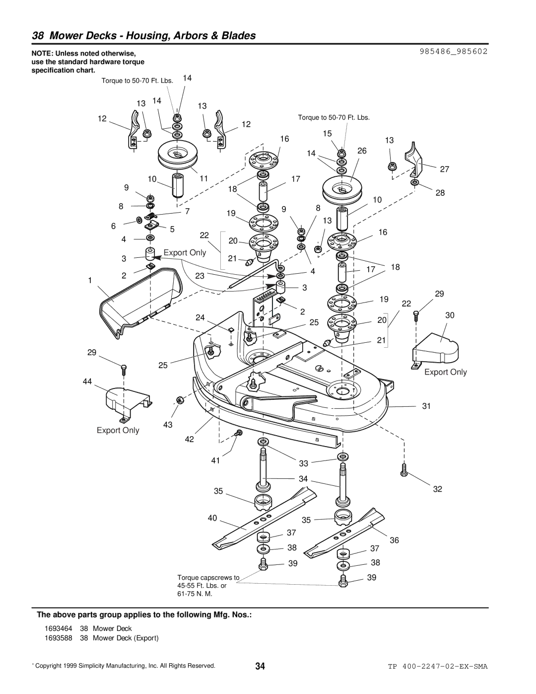 Simplicity Express Series manual Mower Decks Housing, Arbors & Blades, 985486985602 