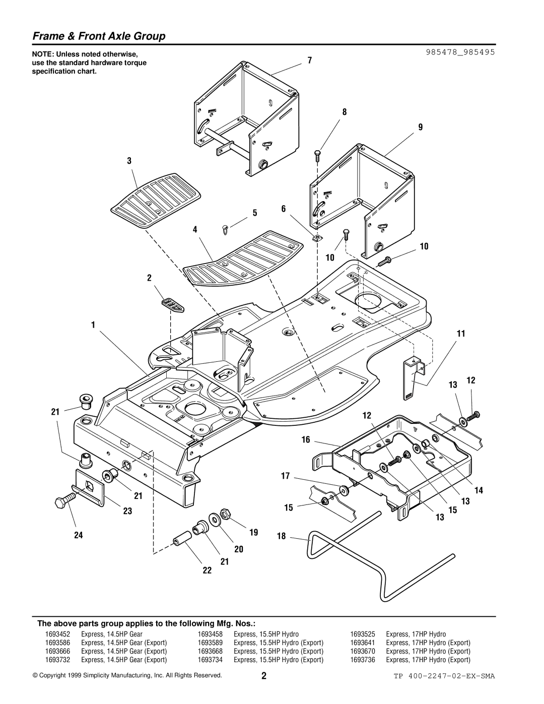 Simplicity Express Series manual Frame & Front Axle Group, 985478985495 