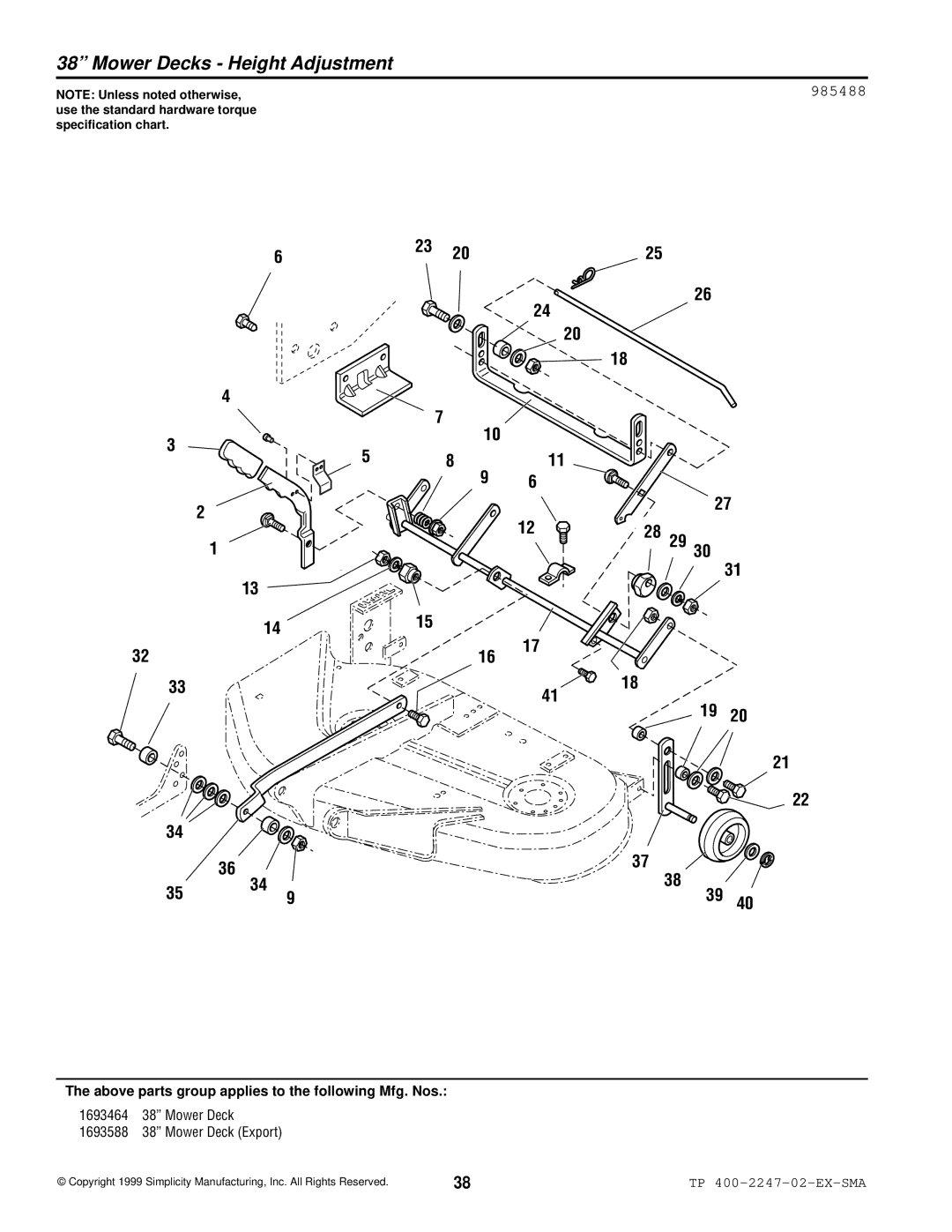 Simplicity Express Series manual Mower Decks Height Adjustment, 985488 