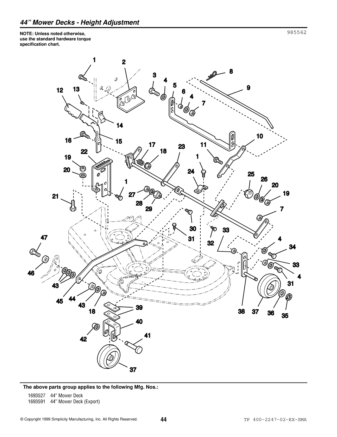 Simplicity Express Series manual Mower Decks Height Adjustment, 985562 