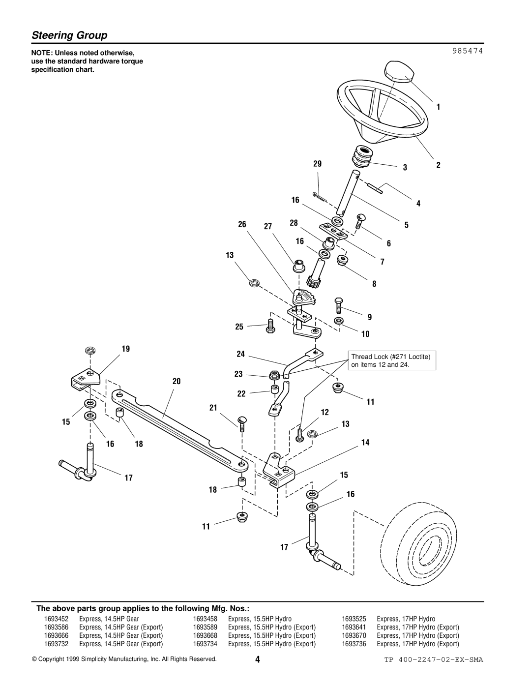 Simplicity Express Series manual Steering Group, 985474 