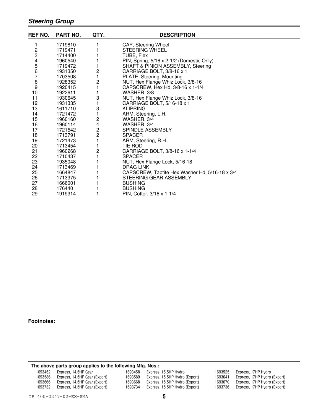 Simplicity Express Series manual Steering Wheel, WASHER, 3/8, Klipring, WASHER, 3/4, Spindle Assembly, Tie Rod, Drag Link 