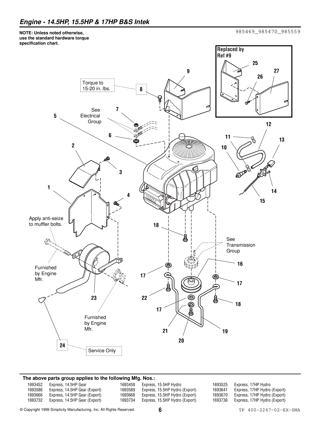 Simplicity Express Series manual Engine 14.5HP, 15.5HP & 17HP B&S Intek, 985469985470985559 