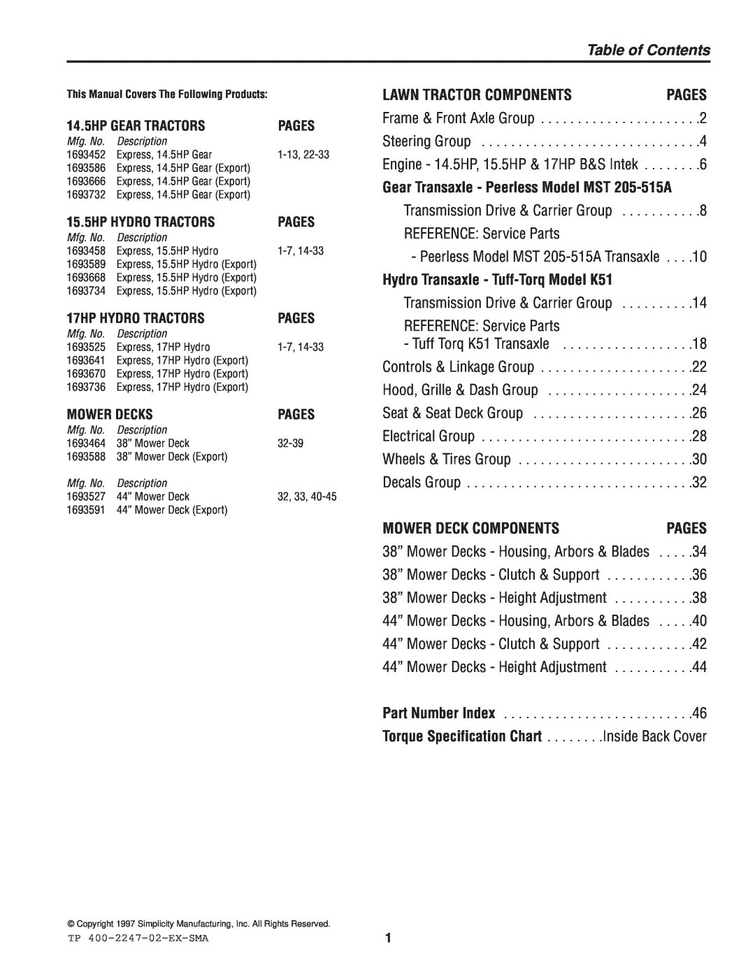 Simplicity Express Series Table of Contents, Lawn Tractor Components, Gear Transaxle - Peerless Model MST 205-515A, Pages 