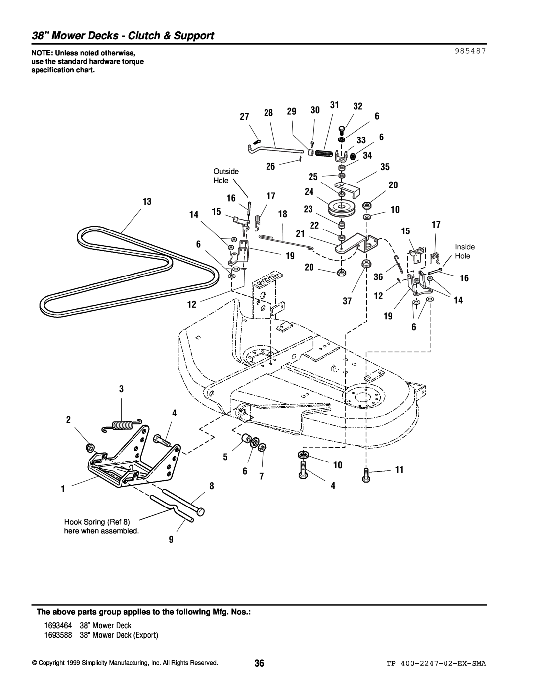 Simplicity Express Series 38” Mower Decks - Clutch & Support, 985487, TP 400-2247-02-EX-SMA, NOTE Unless noted otherwise 