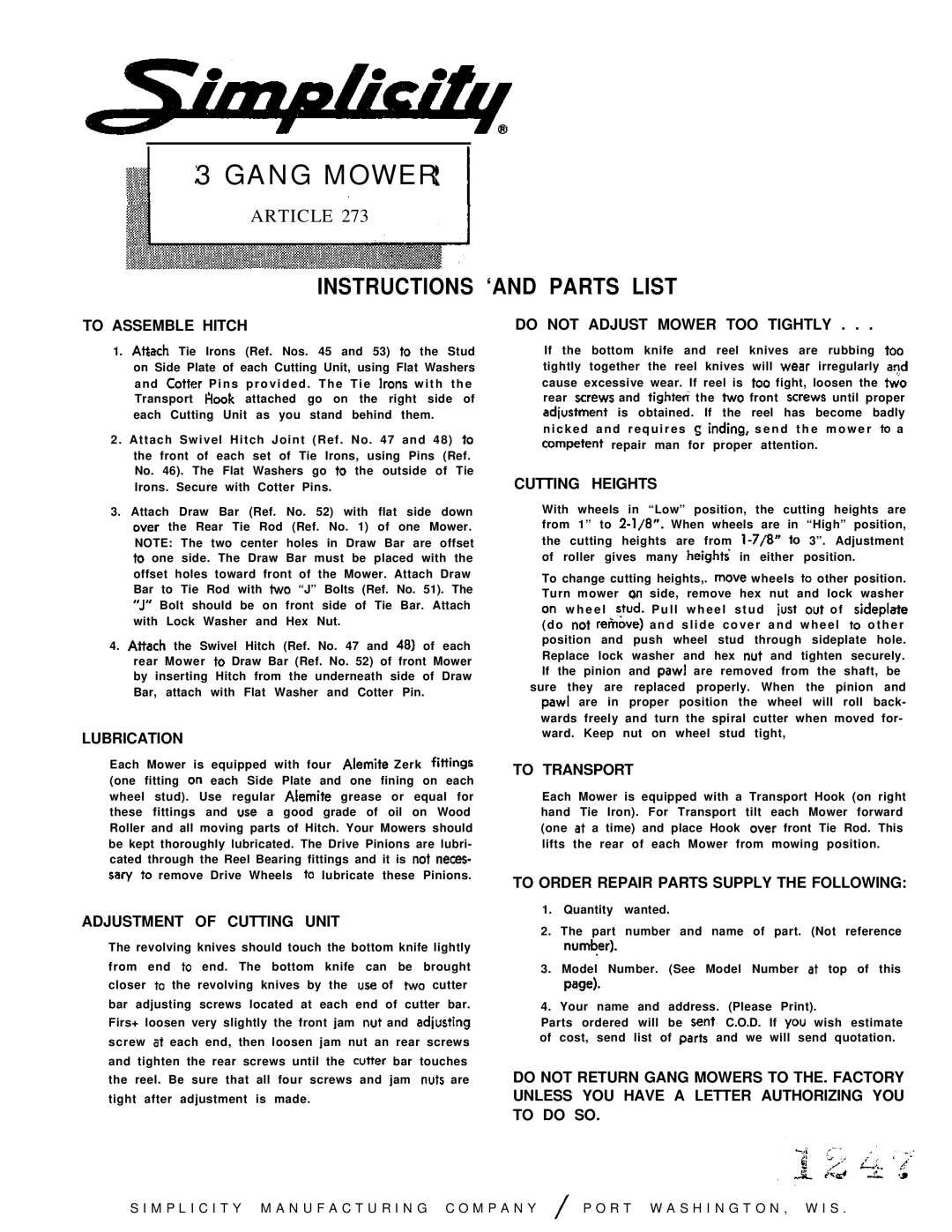 Simplicity Gang Mower manual Instructions ‘AND Parts List 