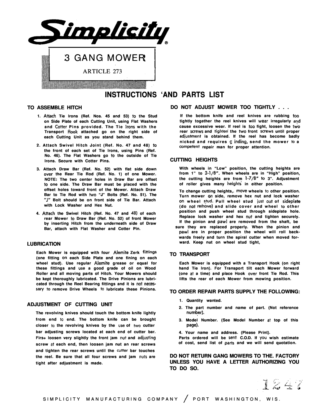 Simplicity Gang Mower manual Instructions ‘And Parts List, Article, To Assemble Hitch, Lubrication, Cutting Heights 