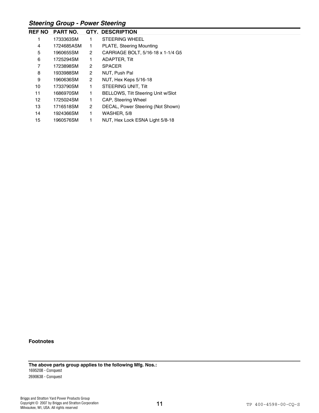 Simplicity Garden Tractor & Mower Deck manual Steering Wheel, Spacer 