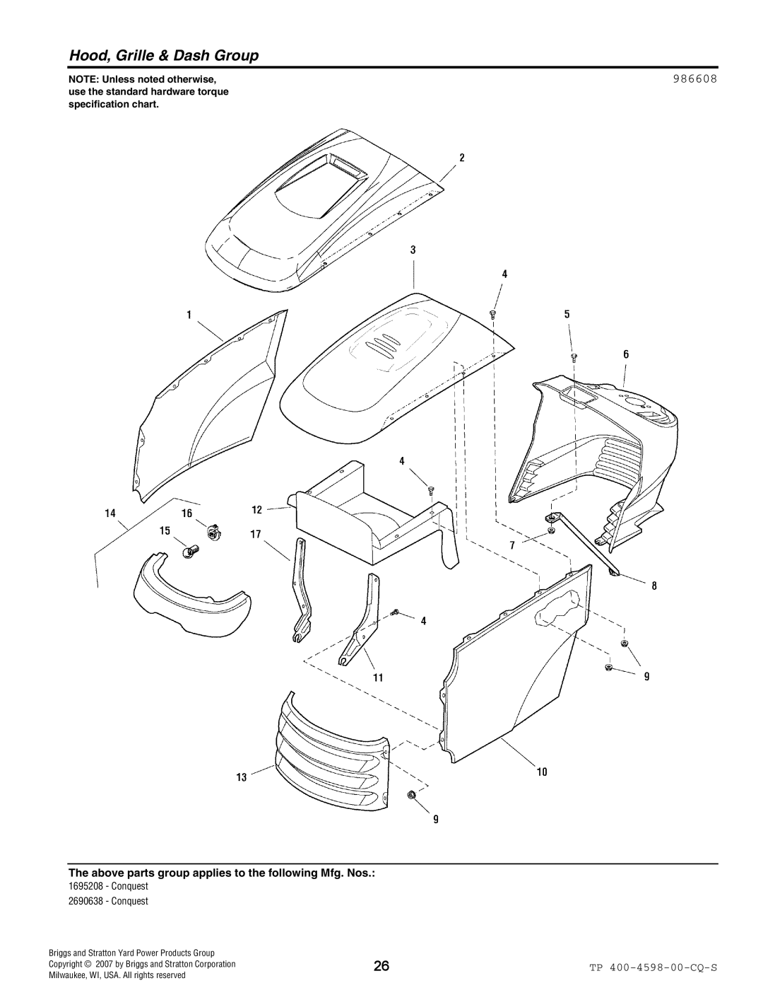 Simplicity Garden Tractor & Mower Deck manual Hood, Grille & Dash Group, 986608 