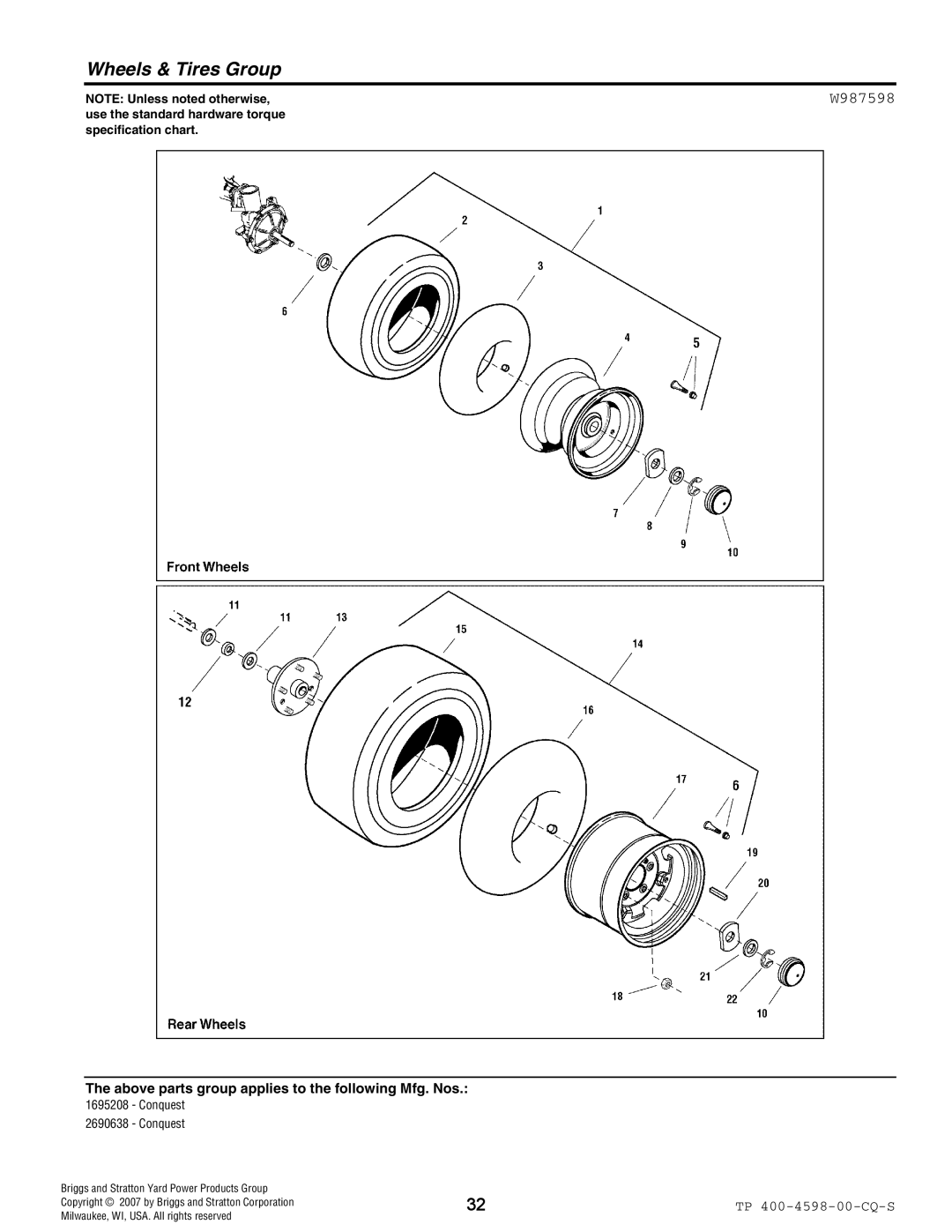 Simplicity Garden Tractor & Mower Deck manual Wheels & Tires Group, W987598 