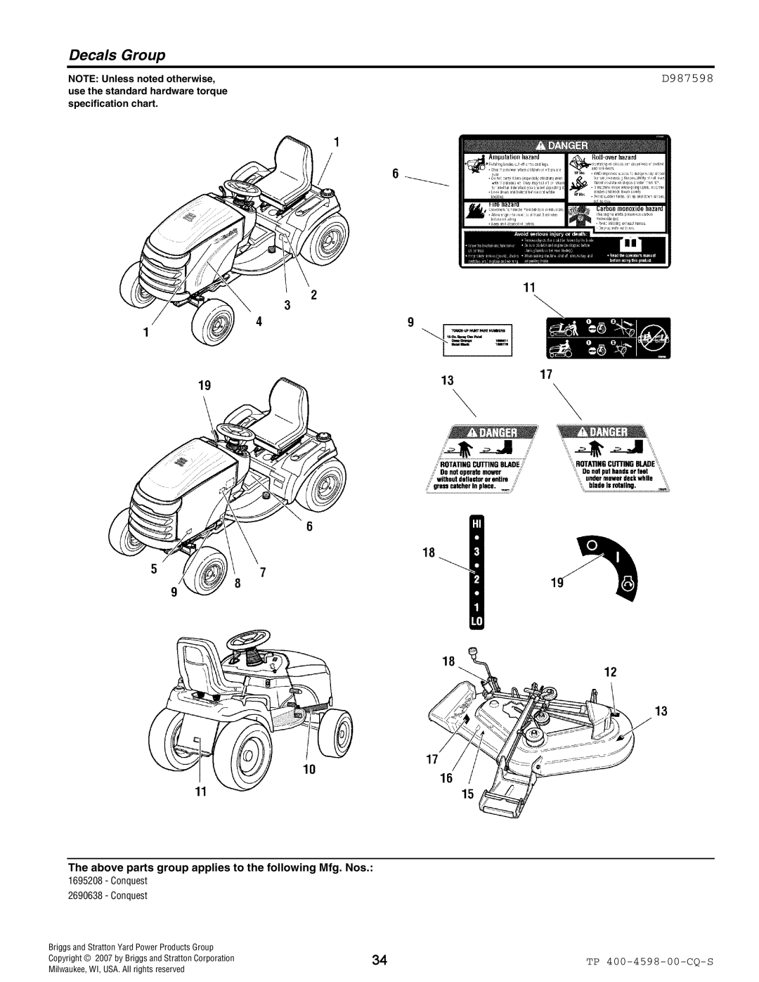 Simplicity Garden Tractor & Mower Deck manual Decals Group, D987598 