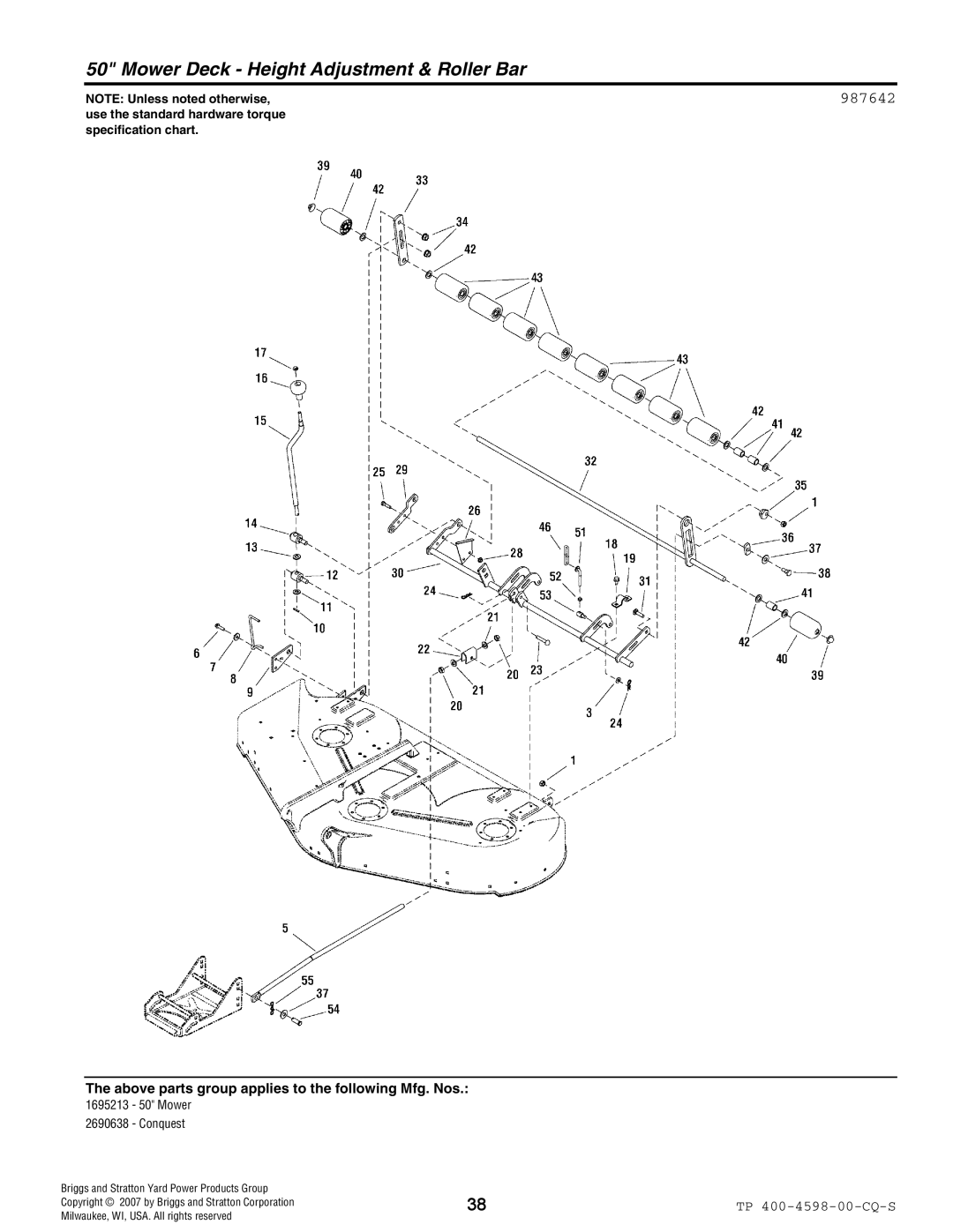 Simplicity Garden Tractor & Mower Deck manual Mower Deck Height Adjustment & Roller Bar, 987642 