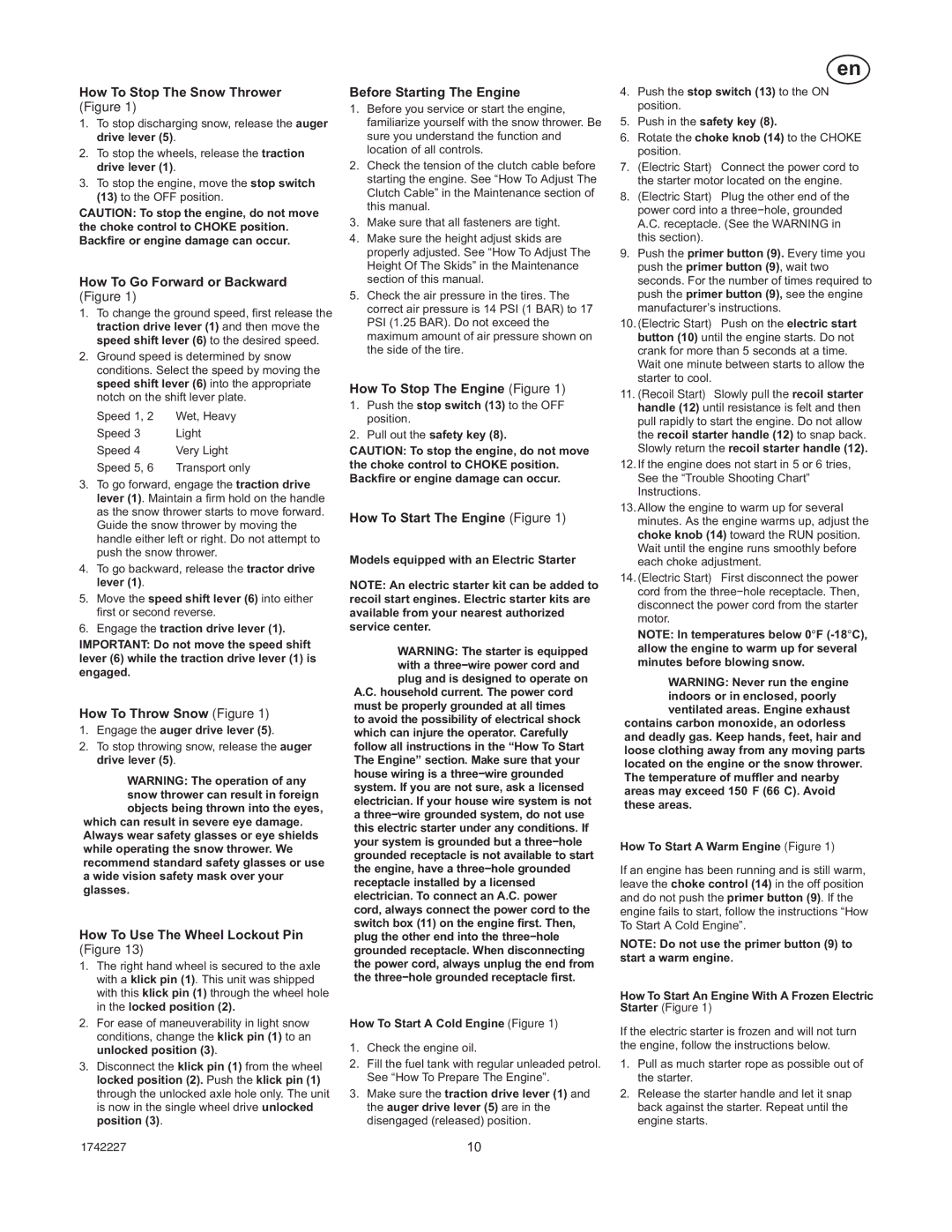 Simplicity H924RX manual How To Stop The Snow Thrower, How To Throw Snow Figure, How To Use The Wheel Lockout Pin 