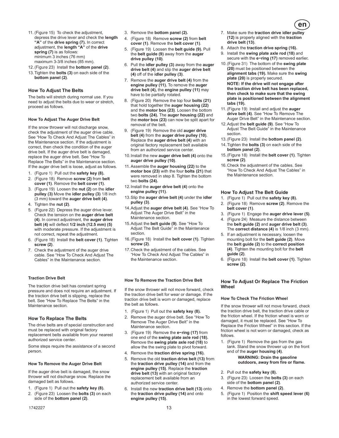 Simplicity H924RX manual How To Adjust The Belts, How To Replace The Belts, How To Adjust The Belt Guide 