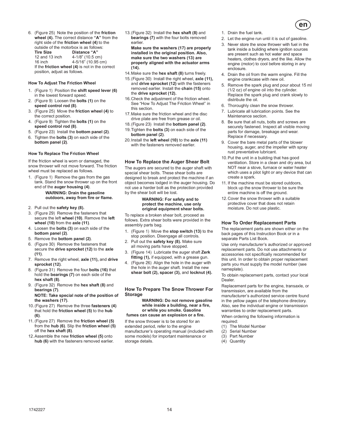 Simplicity H924RX manual How To Replace the Auger Shear Bolt, How To Prepare The Snow Thrower For Storage 