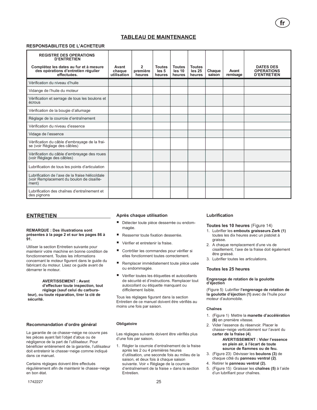 Simplicity H924RX manual Tableau DE Maintenance, Entretien 