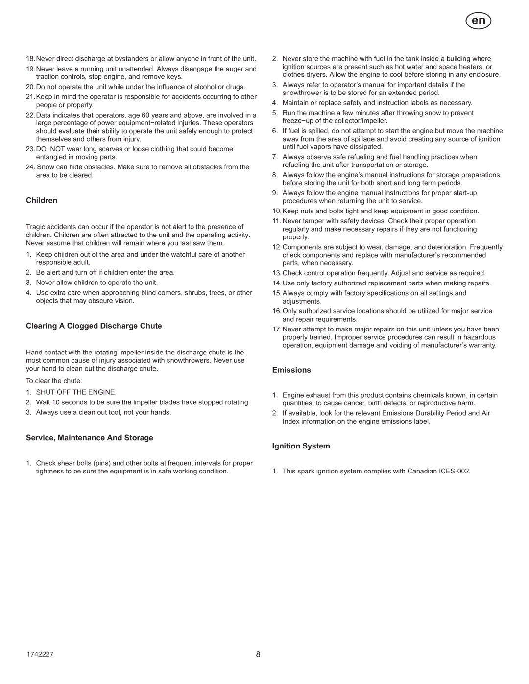 Simplicity H924RX manual Children, Clearing a Clogged Discharge Chute, Emissions 