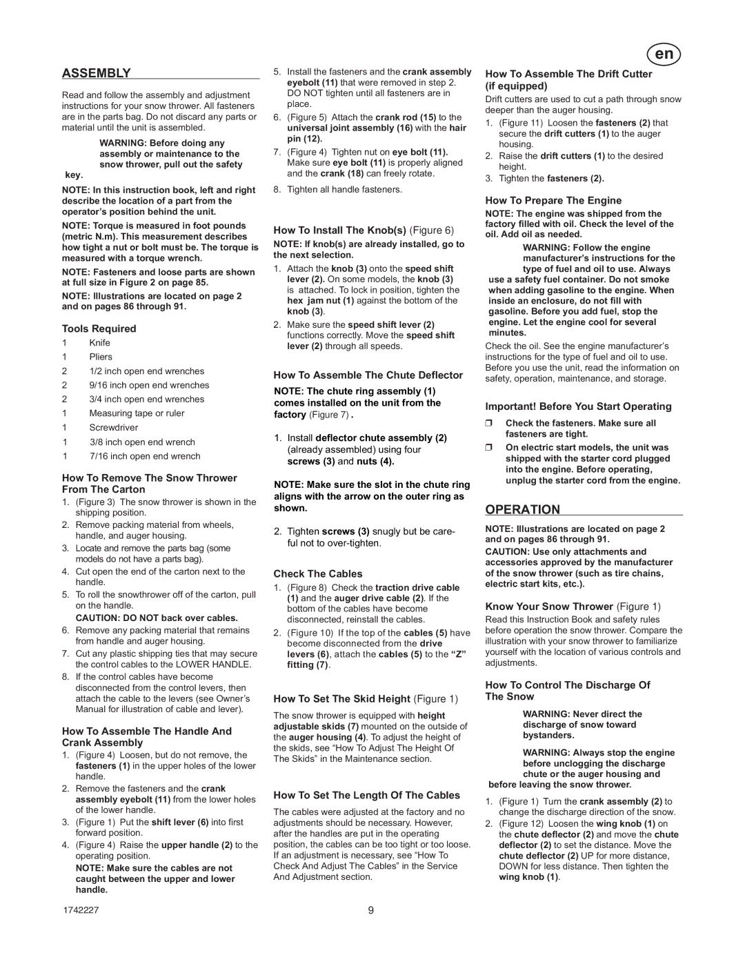 Simplicity H924RX manual Assembly, Operation 