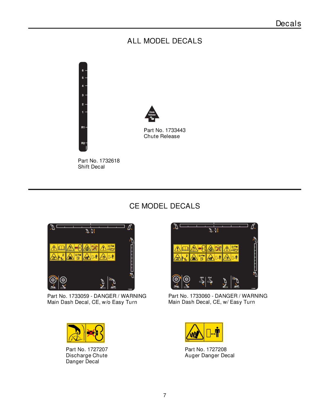 Simplicity E115328E, L9528EX, E95288E, L11532E, L10530EX, L8526EX ALL Model Decals, CE Model Decals, Chute Release Shift Decal 