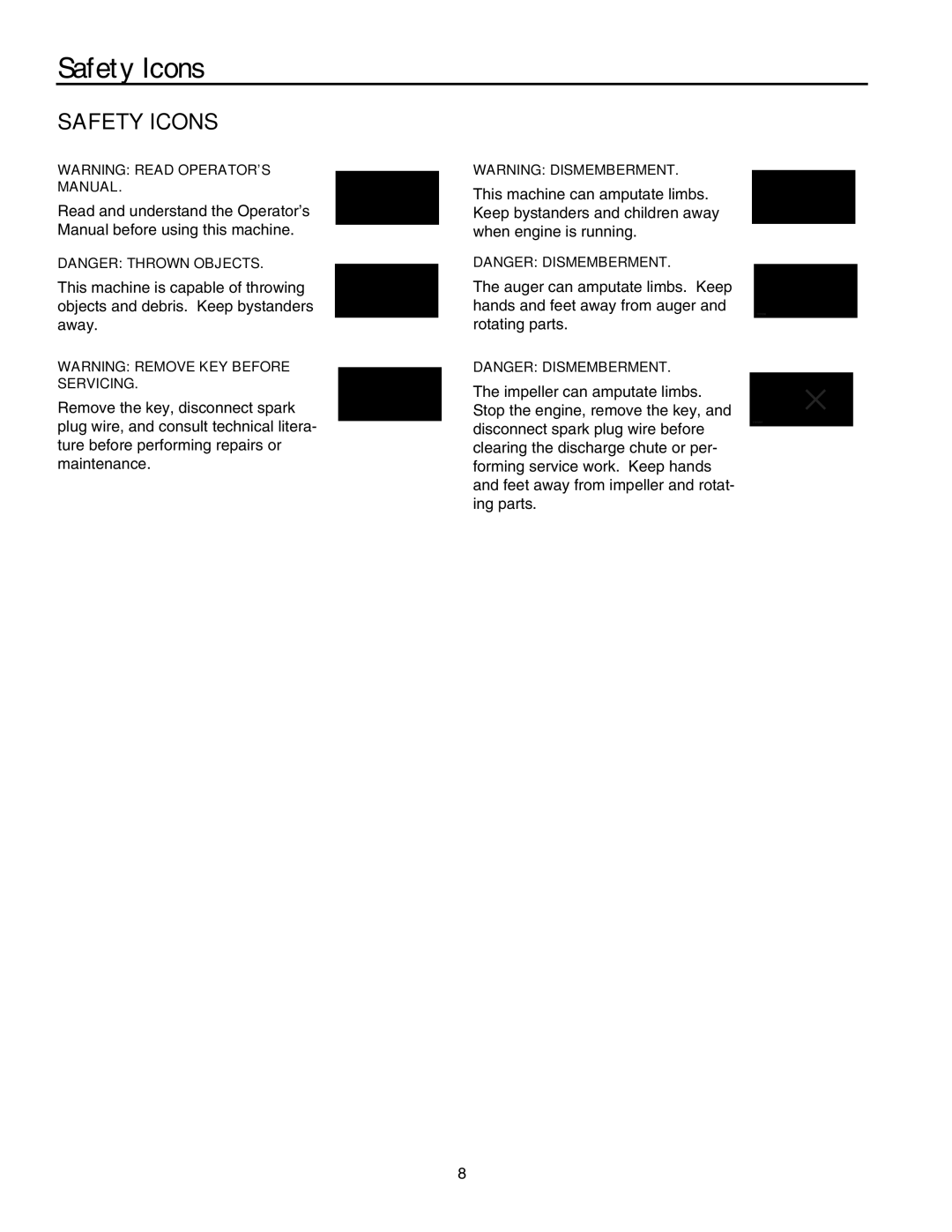 Simplicity L9528EX, E95288E, L11532E, L10530EX, E105308E, L8526EX, E85268E, E115328E instruction sheet Safety Icons 