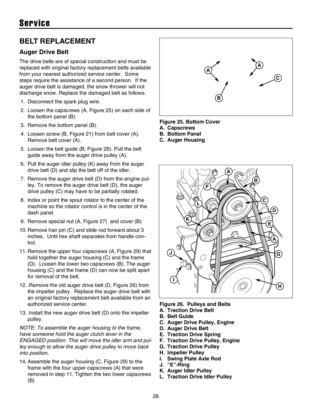 Simplicity E95288E, L9528EX, L11532E, L10530EX, E105308E, L8526EX, E85268E, E115328E instruction sheet Service, Belt Replacement 