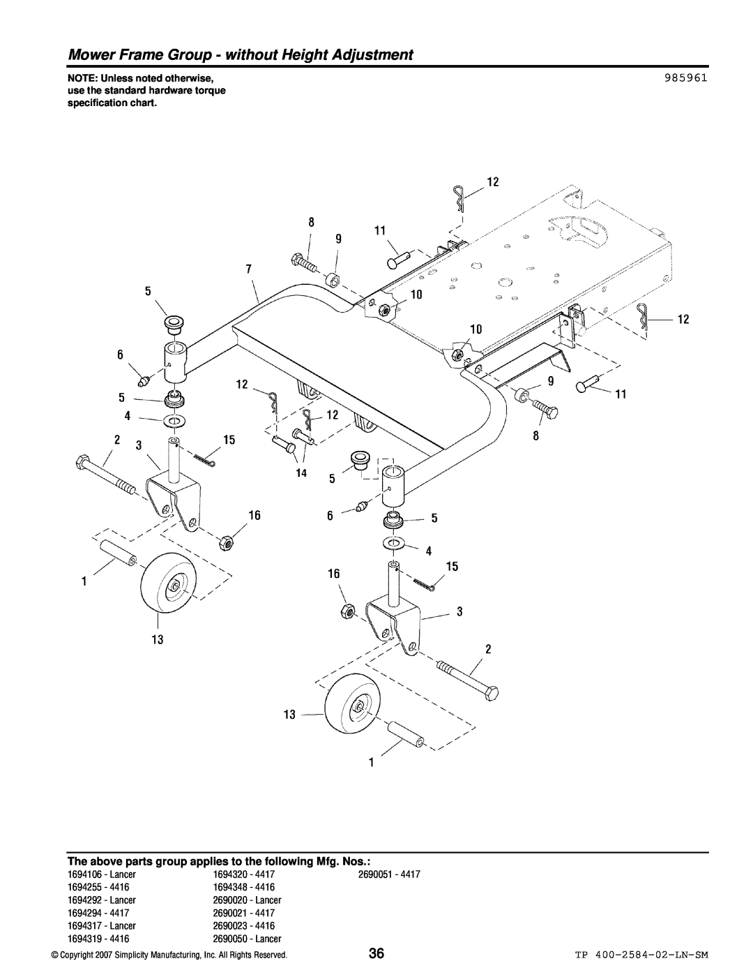 Simplicity Lancer / 4400 manual Mower Frame Group - without Height Adjustment, 985961, TP 400-2584-02-LN-SM 