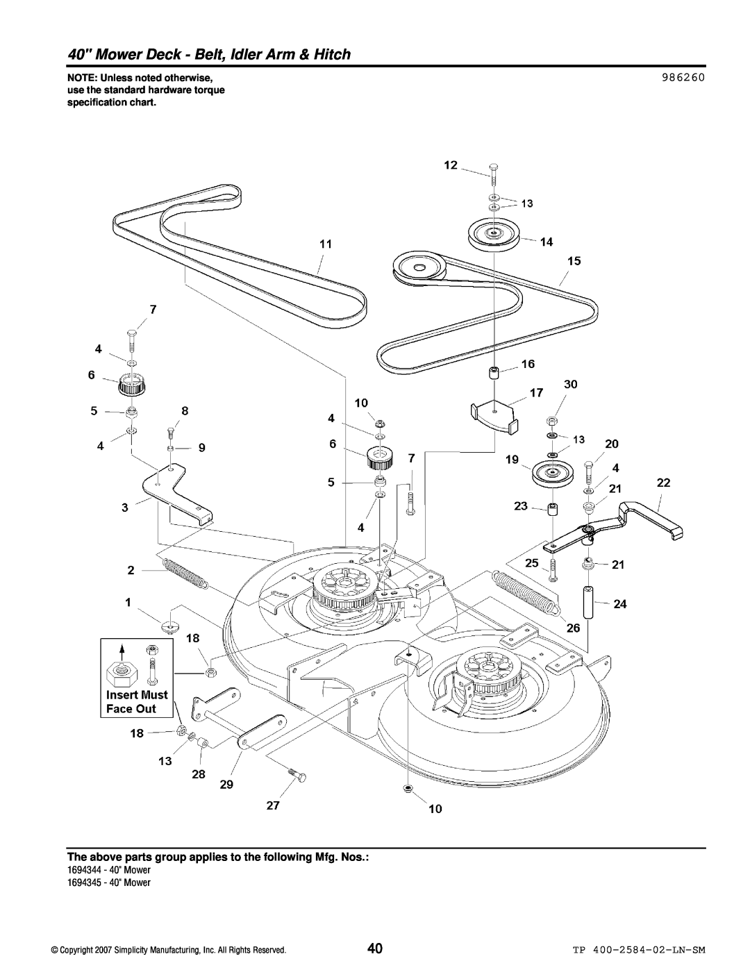 Simplicity Lancer / 4400 986260, Mower Deck - Belt, Idler Arm & Hitch, TP 400-2584-02-LN-SM, NOTE Unless noted otherwise 