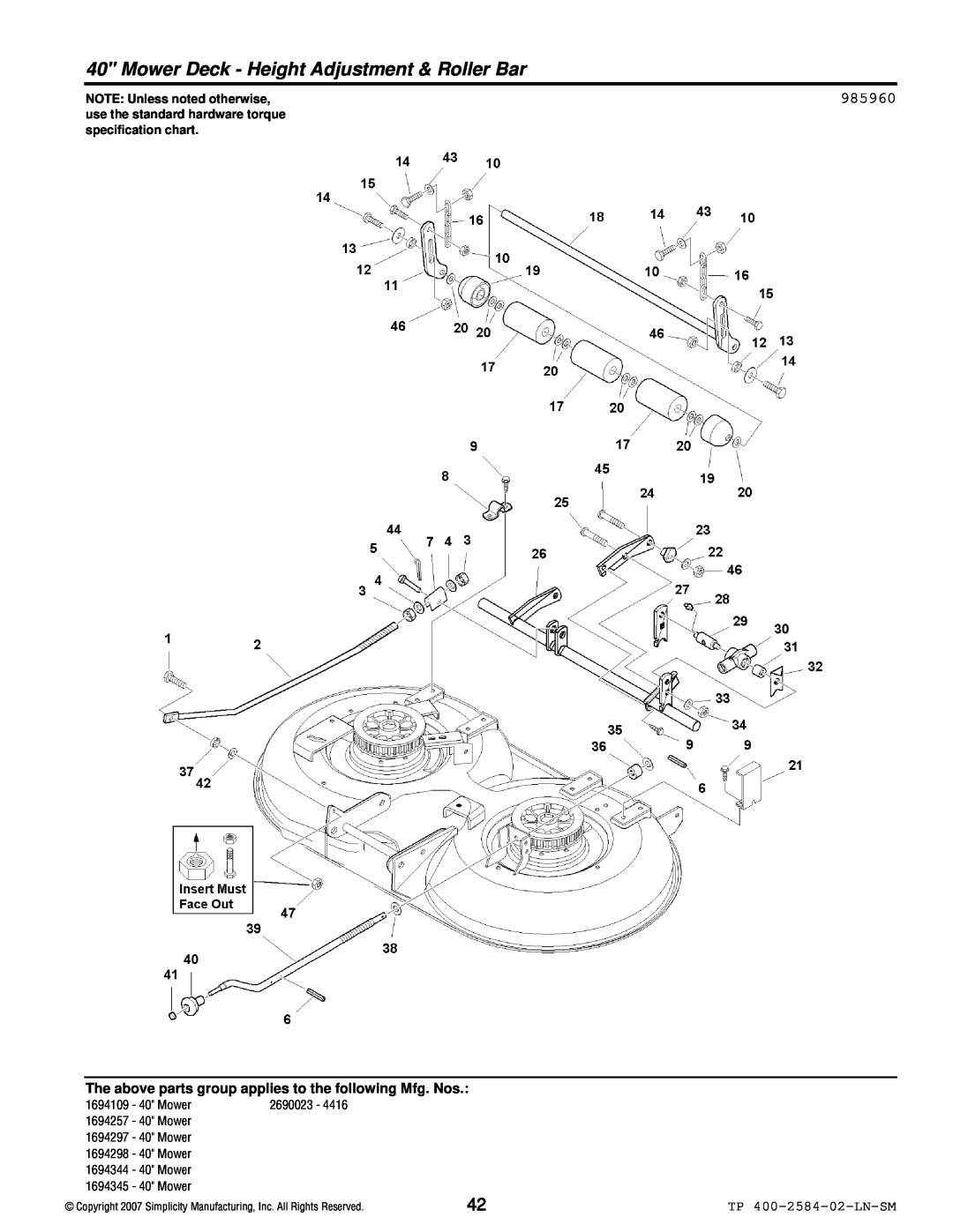 Simplicity Lancer / 4400 Mower Deck - Height Adjustment & Roller Bar, 985960, TP 400-2584-02-LN-SM, 1694109 - 40 Mower 