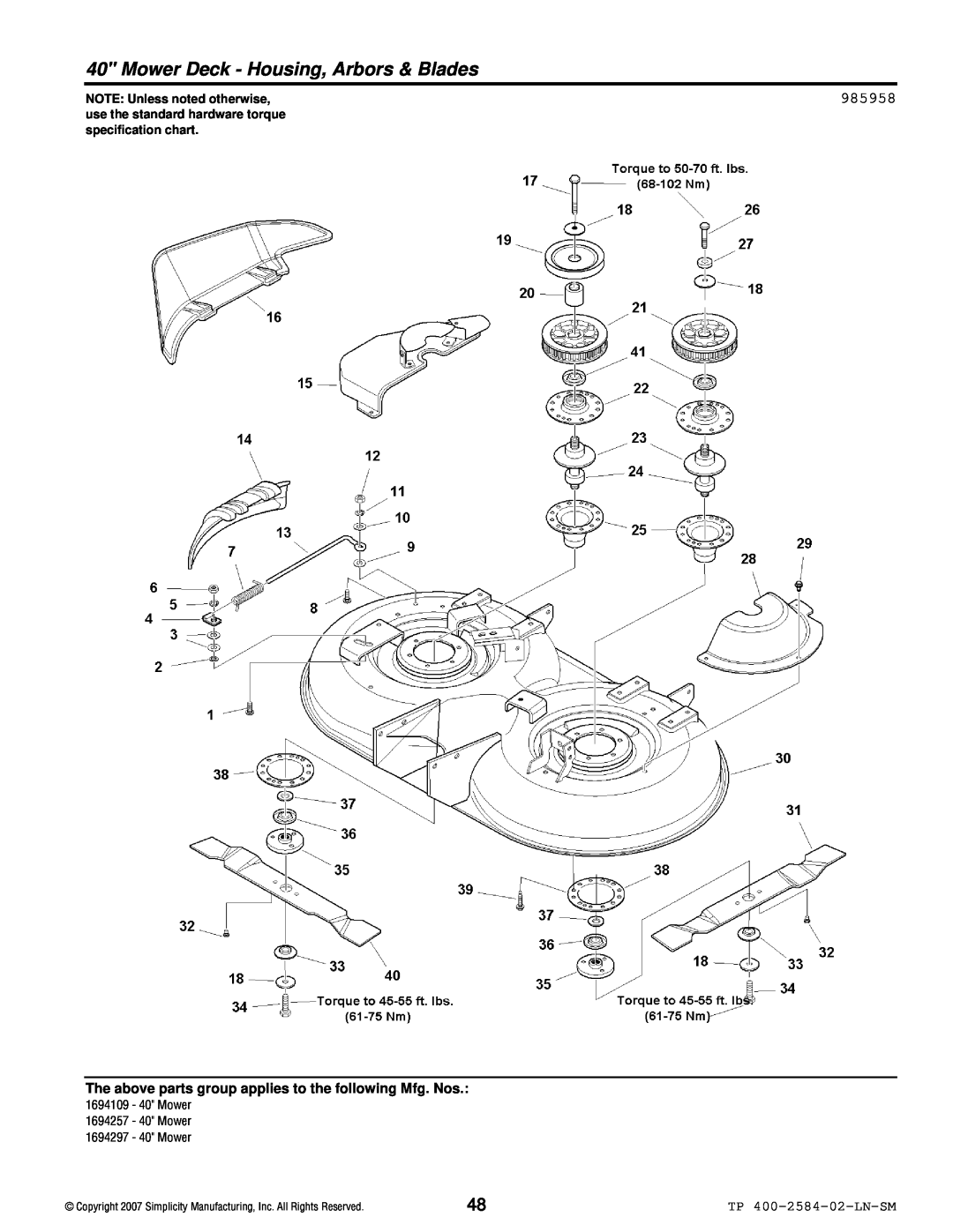 Simplicity Lancer / 4400 Mower Deck - Housing, Arbors & Blades, 985958, TP 400-2584-02-LN-SM, NOTE: Unless noted otherwise 