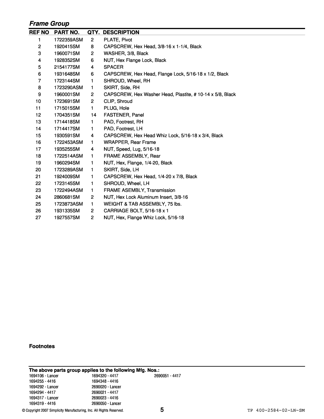 Simplicity Lancer / 4400 manual Ref No, Qty. Description, Footnotes, Frame Group 