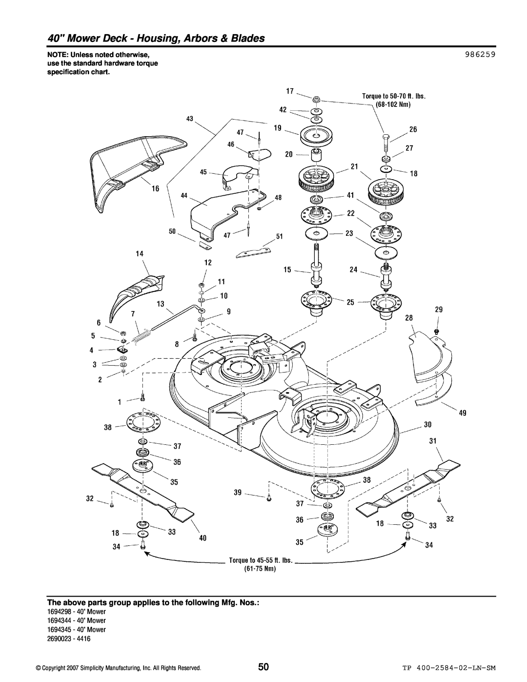 Simplicity Lancer / 4400 986259, Mower Deck - Housing, Arbors & Blades, TP 400-2584-02-LN-SM, NOTE Unless noted otherwise 
