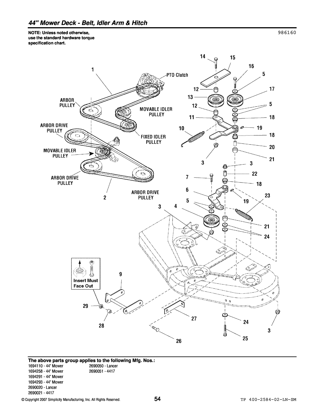 Simplicity Lancer / 4400 Mower Deck - Belt, Idler Arm & Hitch, 986160, TP 400-2584-02-LN-SM, NOTE: Unless noted otherwise 
