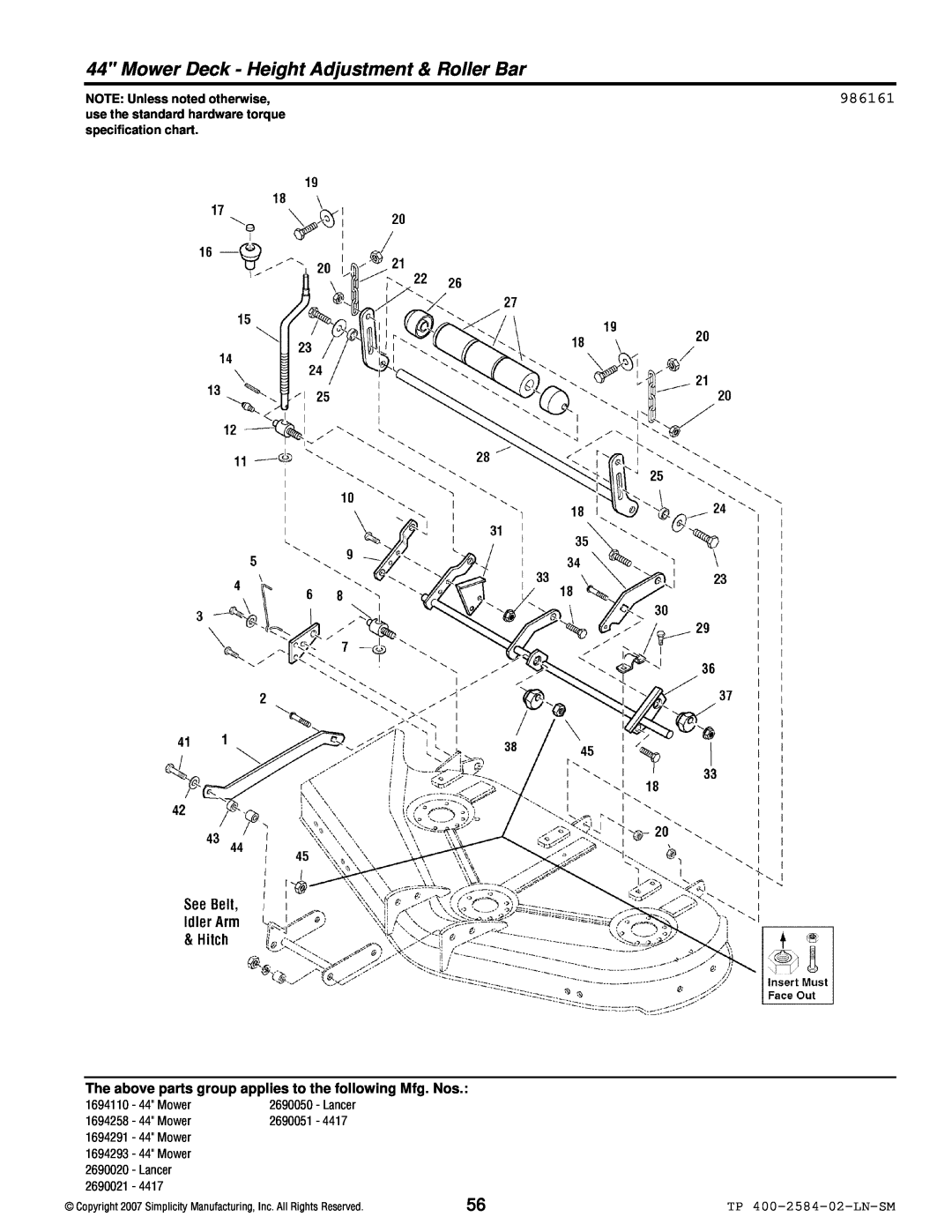 Simplicity Lancer / 4400 manual Mower Deck - Height Adjustment & Roller Bar, 986161, TP 400-2584-02-LN-SM, 1694110, 1694258 