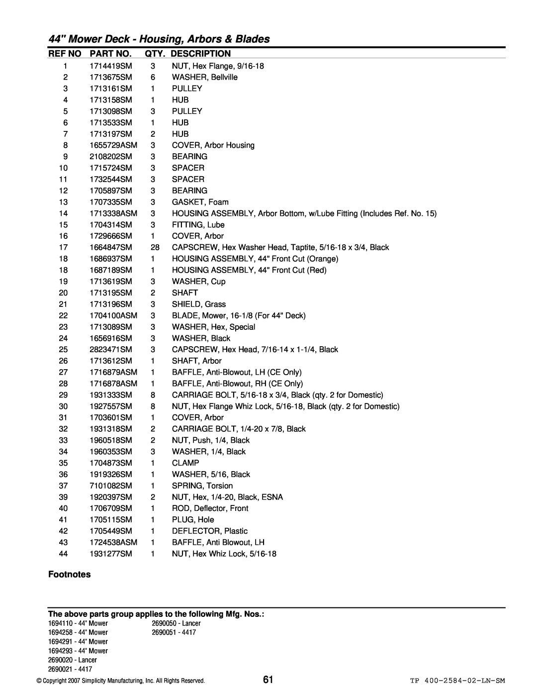 Simplicity Lancer / 4400 manual Mower Deck - Housing, Arbors & Blades, Ref No, Qty. Description, Footnotes 