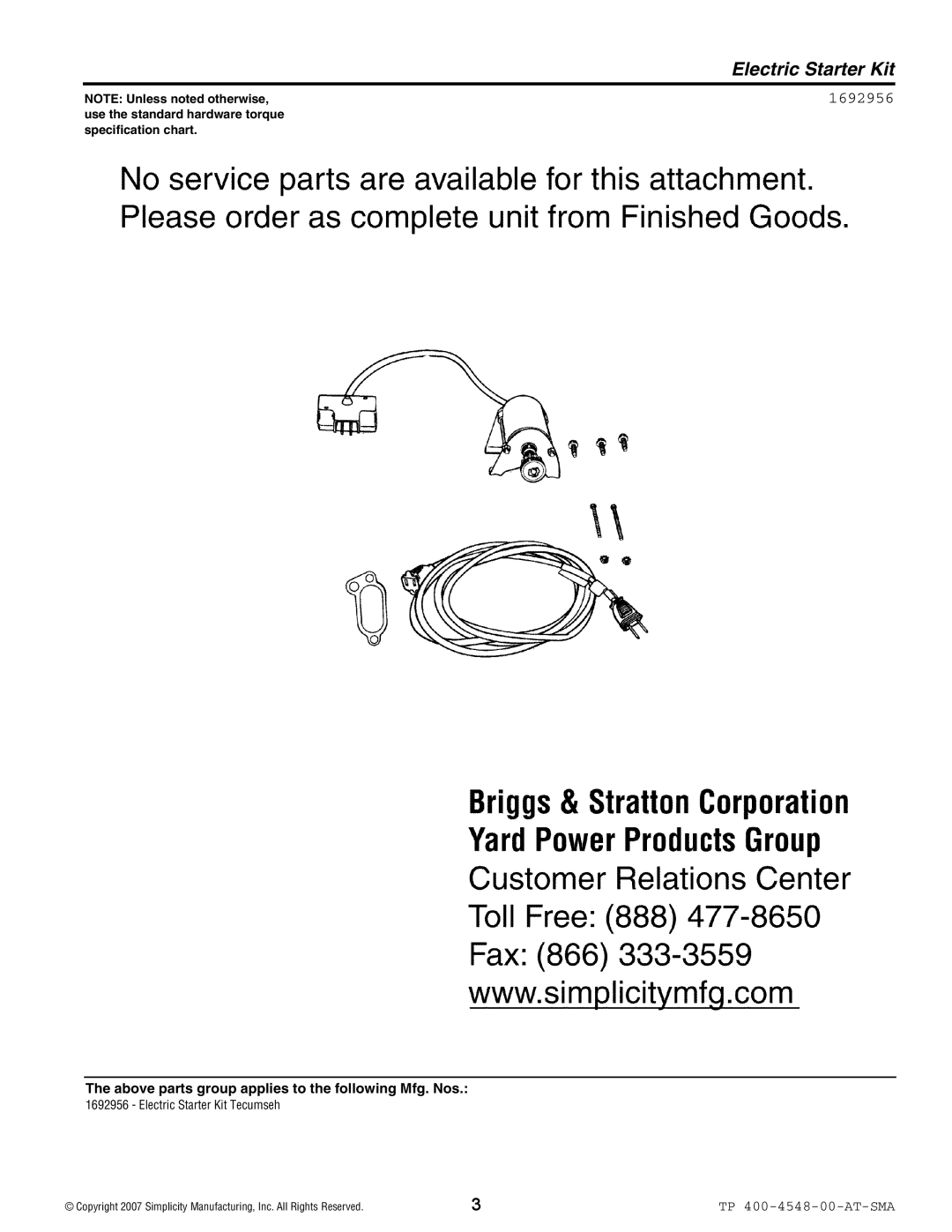 Simplicity Lawn and Garden Electric Starter Kit, NOTE Unless noted otherwise, use the standard hardware torque, 1692956 