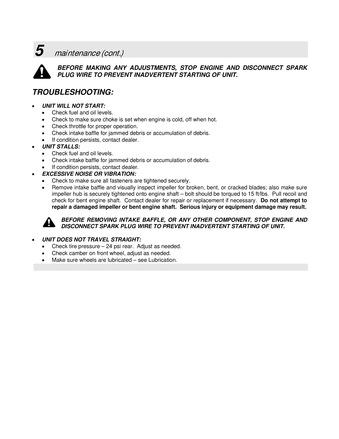 Simplicity LBC6151BV manual Troubleshooting, Unit will not Start 