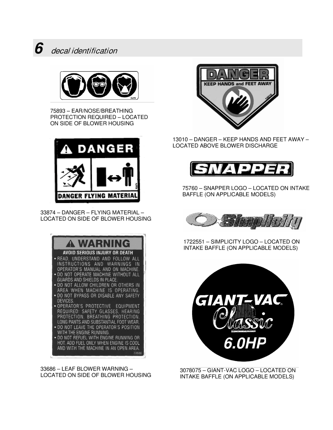 Simplicity LBC6151BV manual 0HP, Decal identification 