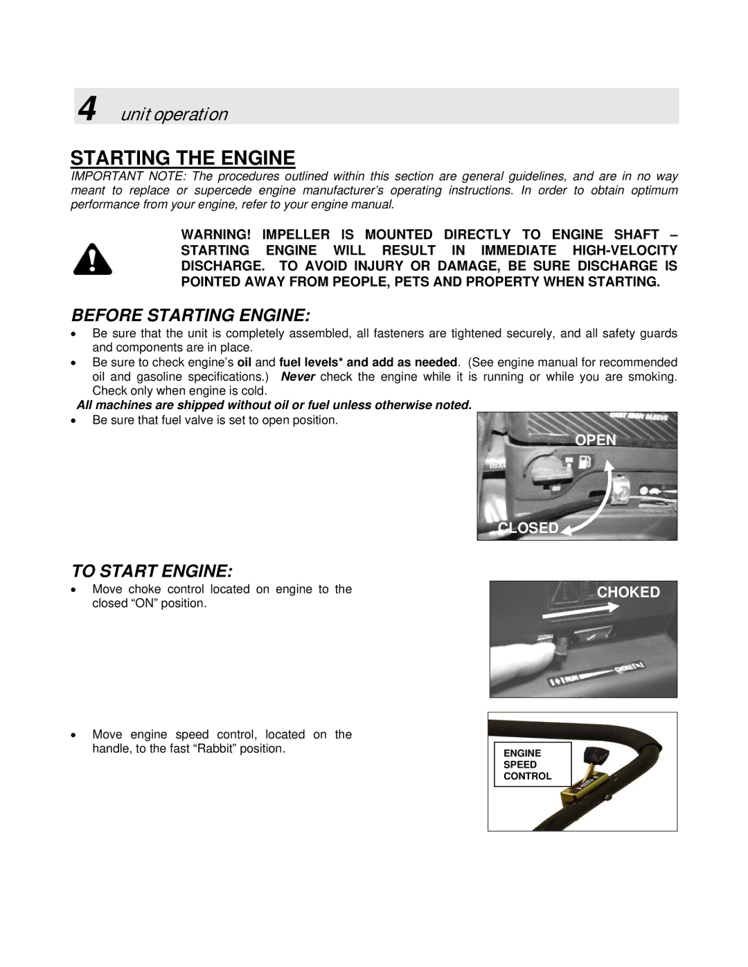 Simplicity LBC6151BV manual Unit operation, Before Starting Engine, To Start Engine 