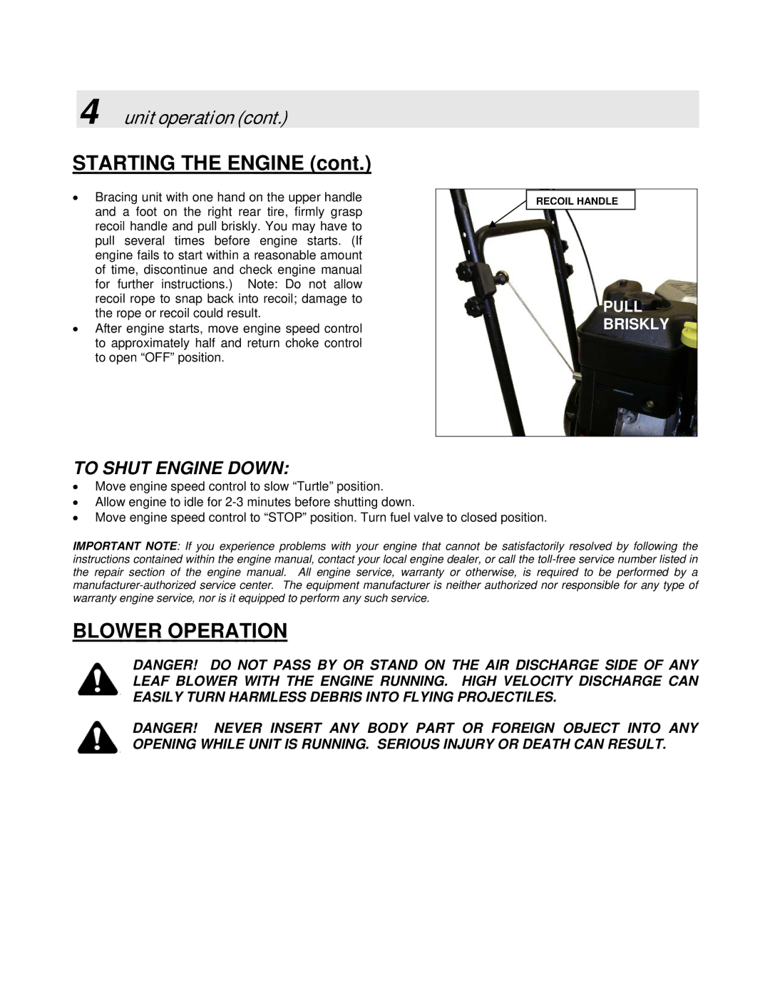 Simplicity LBC6151BV manual Starting the Engine, To Shut Engine Down 