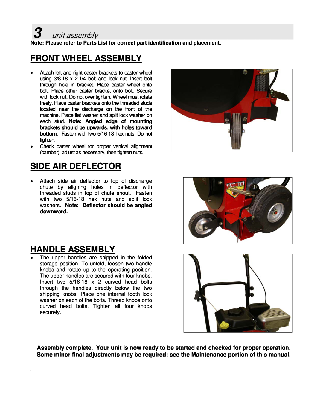 Simplicity LBC6151BV manual Front Wheel Assembly, Side Air Deflector, Handle Assembly, unit assembly 