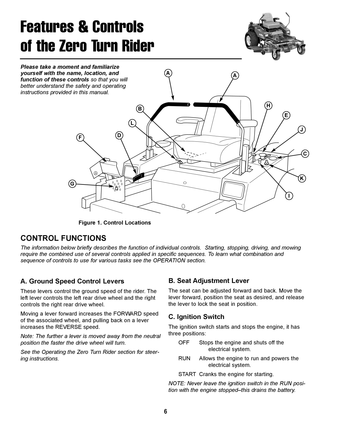 Simplicity LC-9 Features & Controls Zero Turn Rider, Control Functions, Ground Speed Control Levers, Seat Adjustment Lever 