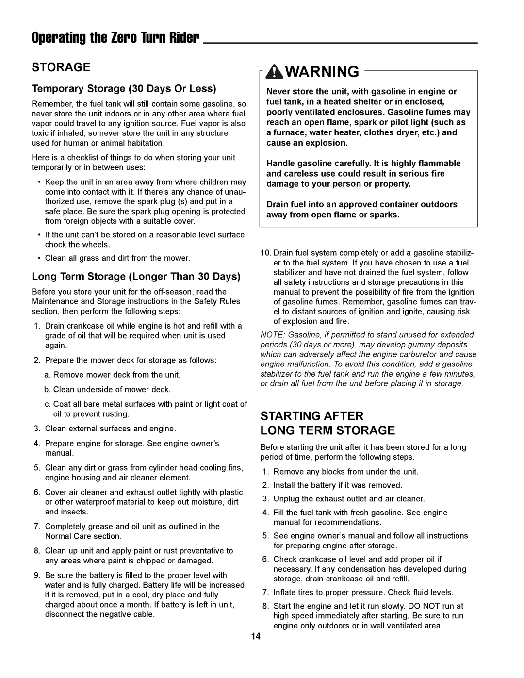 Simplicity LC-9, ZT2354 manual Starting After Long Term Storage, Temporary Storage 30 Days Or Less 