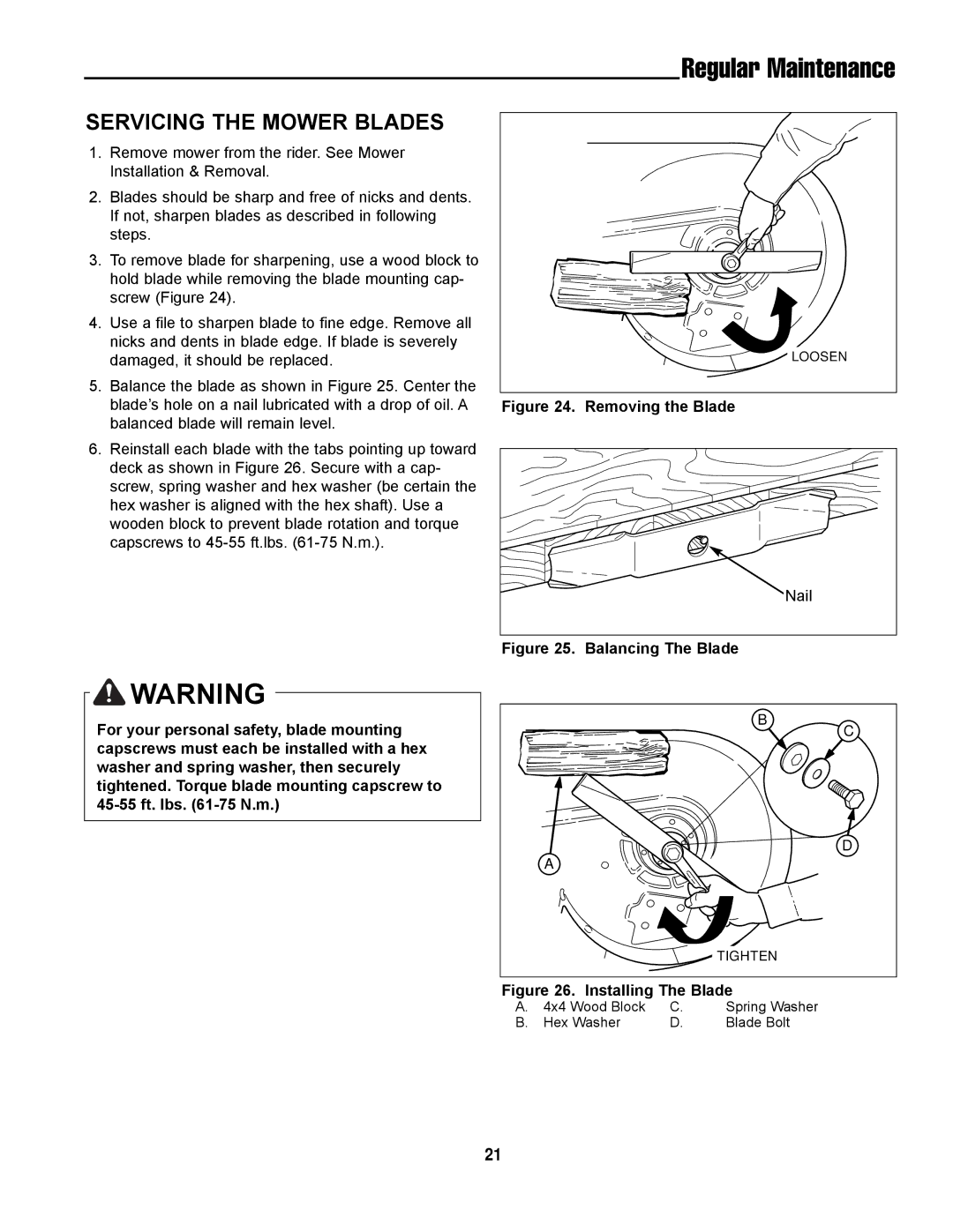 Simplicity ZT2354, LC-9 manual Servicing the Mower Blades, Removing the Blade 