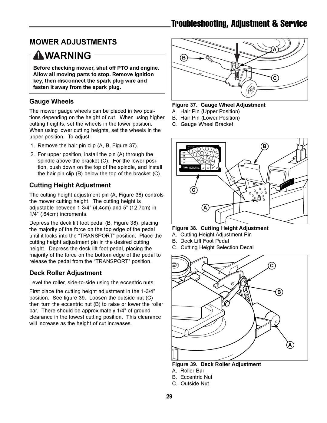 Simplicity ZT2354, LC-9 manual Mower Adjustments, Gauge Wheels, Cutting Height Adjustment, Deck Roller Adjustment 