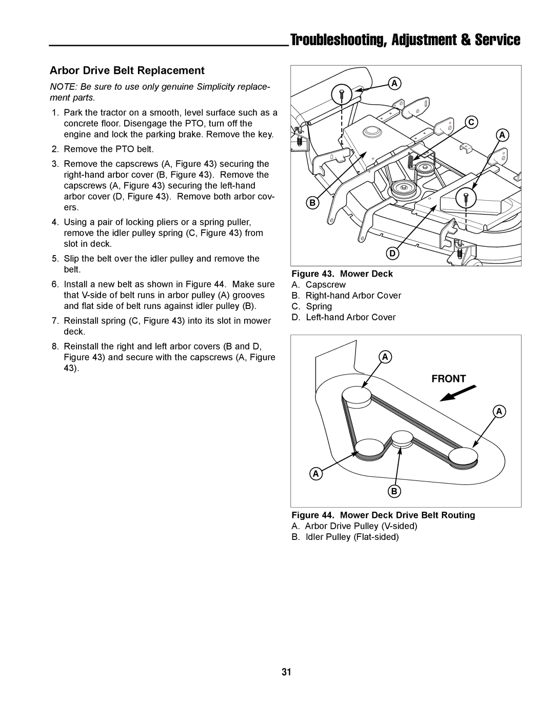 Simplicity ZT2354, LC-9 manual Arbor Drive Belt Replacement, Mower Deck 