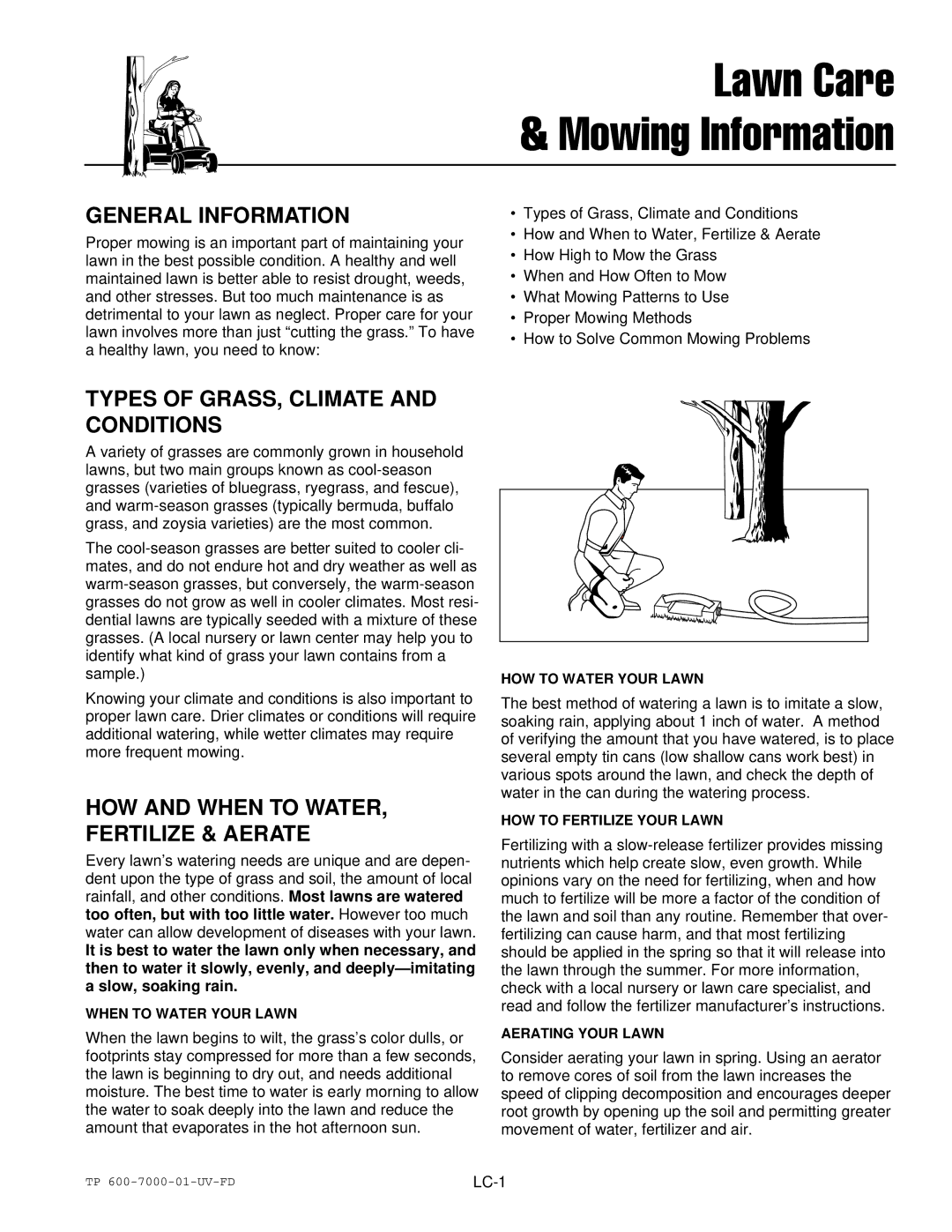 Simplicity ZT2354, LC-9 manual Lawn Care & Mowing Information 