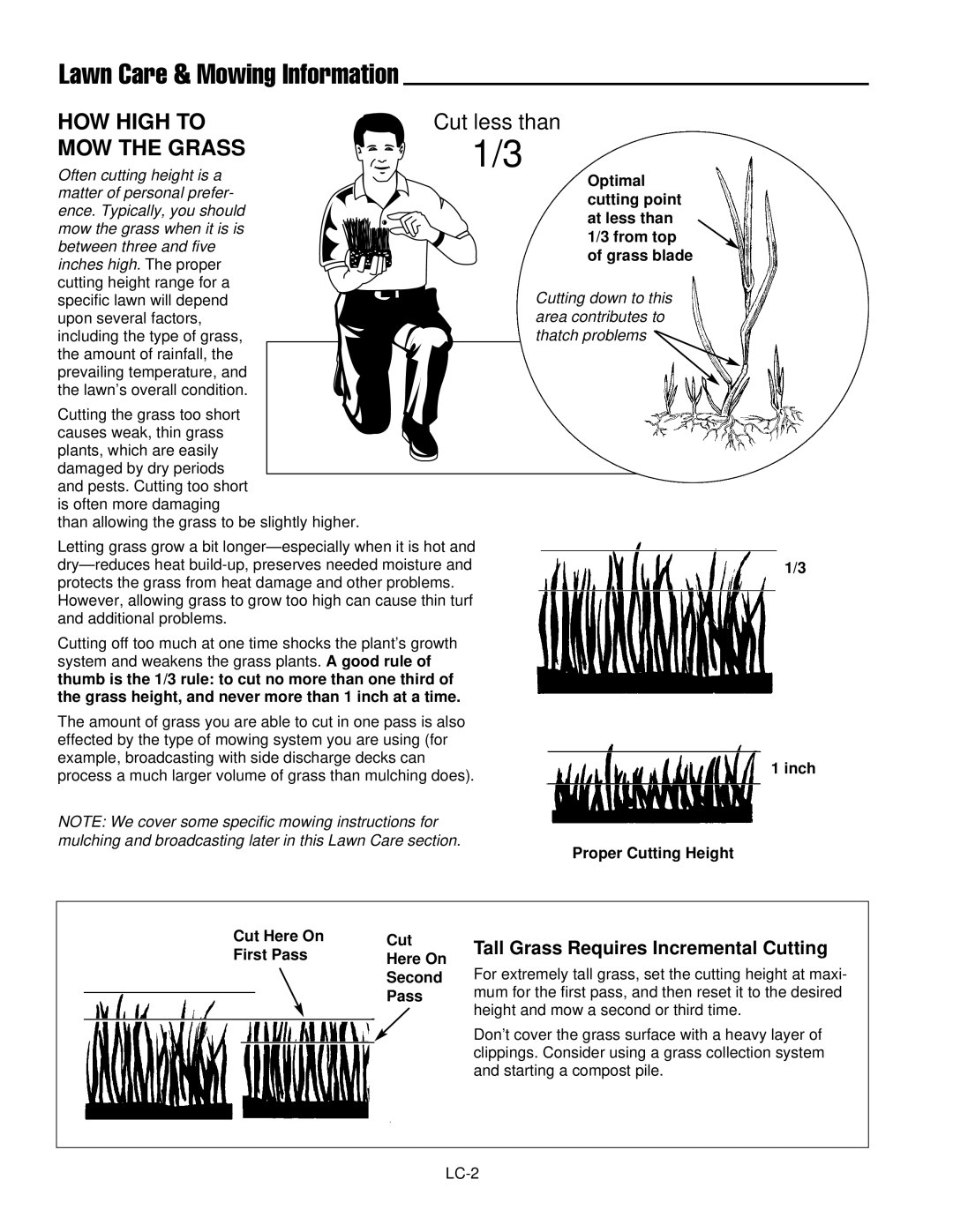 Simplicity LC-9, ZT2354 manual Lawn Care & Mowing Information, Inch, Proper Cutting Height, Cut Here On First Pass Second 