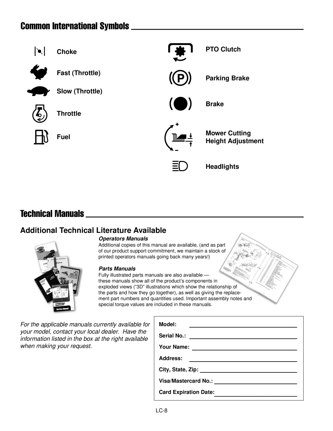 Simplicity LC-9, ZT2354 manual Common International Symbols, Technical Manuals 