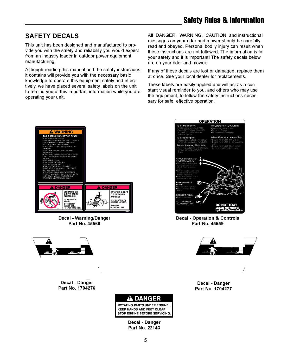 Simplicity ZT2354, LC-9 manual Safety Decals, Do not put hands or feet 