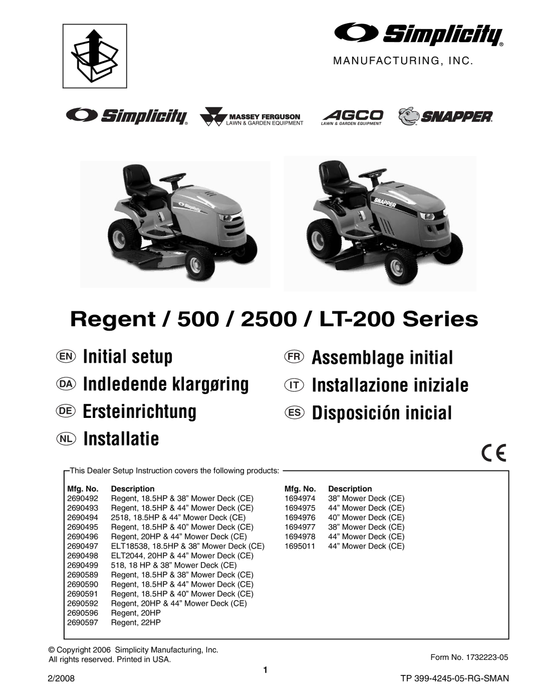 Simplicity manual Regent / 500 / 2500 / LT-200 Series, Mfg. No Description 